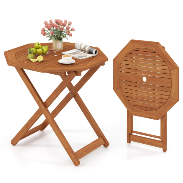 Outdoor Patio Folding Wood Dining Table for 4 with 2” Umbrella Hole for Garden